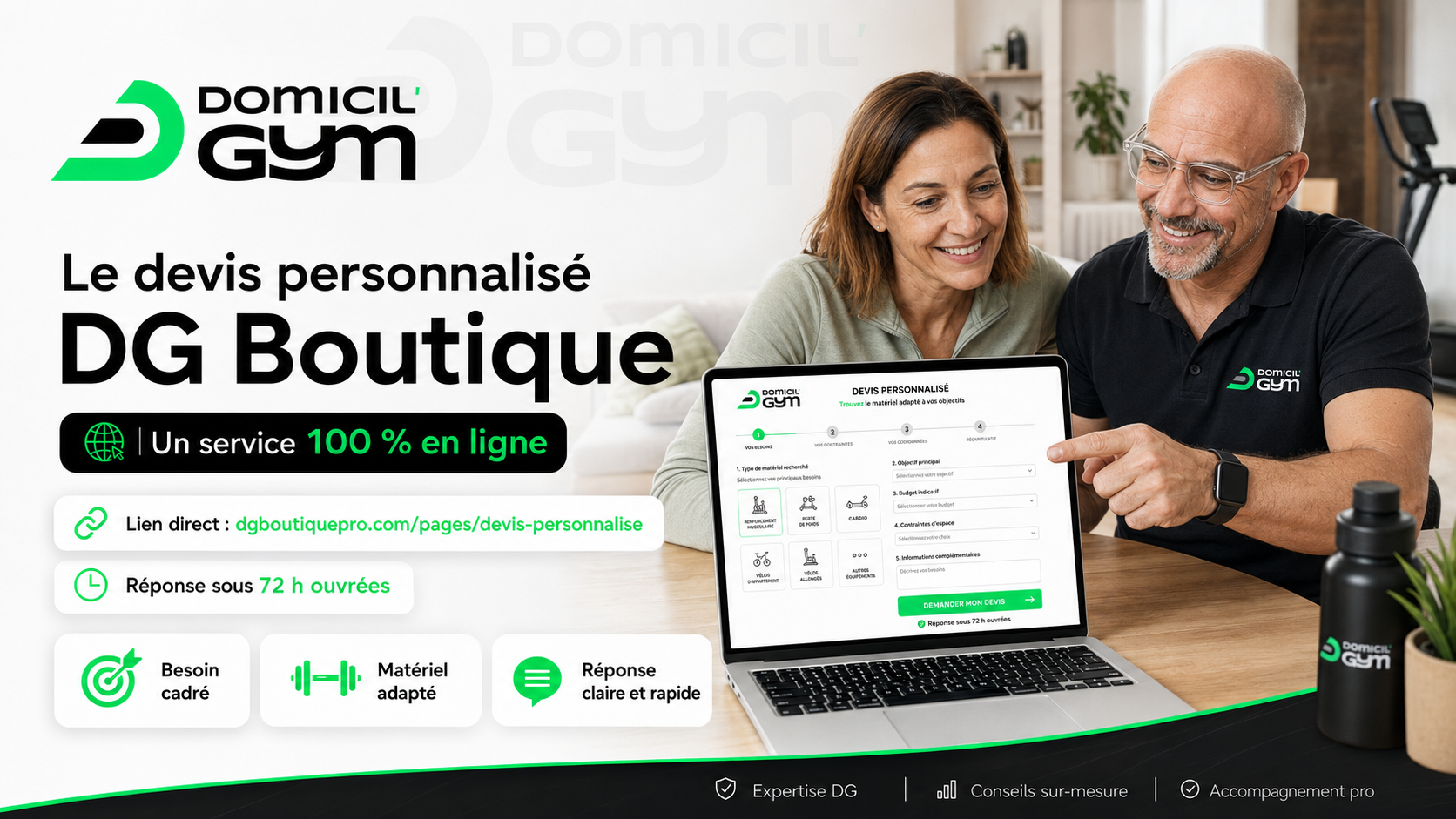Devis personnalisé matériel cardio DG Boutique Pro avec vélo d’appartement à domicile